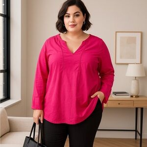 Lane Bryant Womens 22/24 Plus Fuchsia Blouse V-Neck Tunic Top Workwear Casual